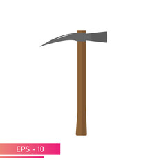 A pickaxe for gold diggers with a wooden handle and a hammer on the other side. Realistic design. On a white background. Tools for miners. Flat vector illustration.