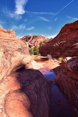 Padre Canyon, Snow Canyon State Park, Saddleback Tuacahn desert hiking trail landscape panorama views, Cliffs National Conservation Area Wilderness, St George, Utah, United States. USA.