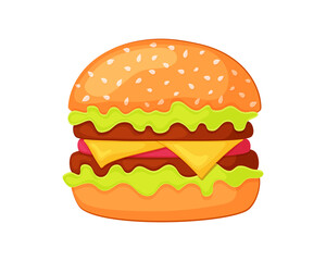 Cartoon burger with vegetables and cutlet. Vector illustration of fast food. Insulated on a white background. American food
