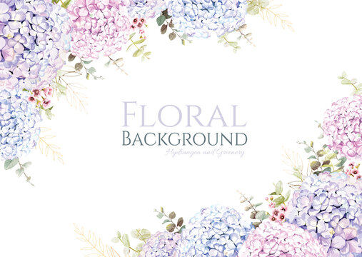 Hydrangea with greenery frame border on white background. Beautiful template for wedding invitation or greeting card, banner. Vector.