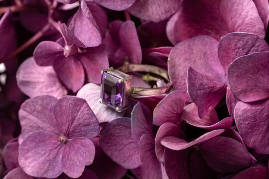Purple Amethyst rectangular ring,. White gold, platinum jewelry. Purple flower background. Jewelry. Natural stone. Violet accessory. Handmade design.