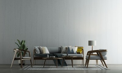 Living room interior wall mock up in warm neutrals with wooden sofa,modern cozy style decoration on empty white wall background. 3D rendering