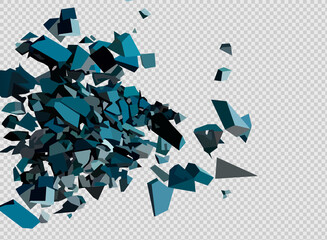 Black triangle with debris on white background. Abstract black explosion. Geometric background. Vector illustration