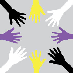 Silhouette of yellow, white, purple and black colored hands, as the colors of the non-binary flag, putting together. Flat vector illustration.