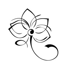 one stylized blooming flower on a short stalk without leaves in black lines on a white background