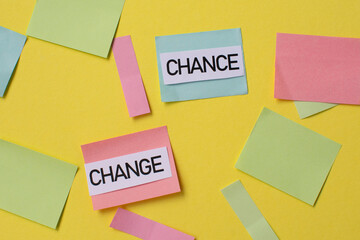 The words chance and change on a yellow background with colorful stickers. The concept of development and growth