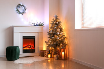 Interior of modern room with fireplace and Christmas tree