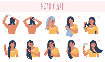 10 step hair care routine, vector illustration. Washing, wiping, brushing, applying heat protector, shine serum, drying.