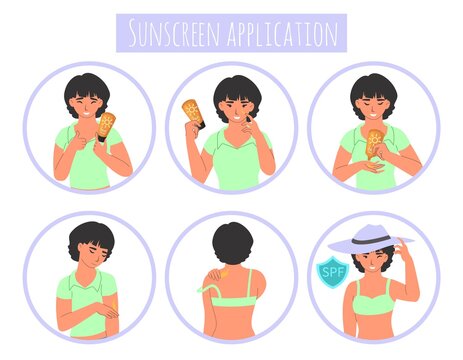 Sunscreen Application Steps, Flat Vector Illustration. Sunburn Protection Procedure. Face And Body Skin Care Routine.