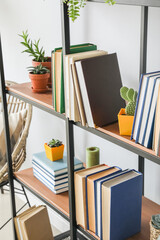 Shelf unit with books near light wall, closeup