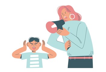 Angry mother screaming through megaphone scolding his son, flat vector illustration. Mother and kid conflict.