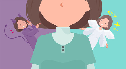 天使と悪魔の間で葛藤するチュニック中年女性のセット