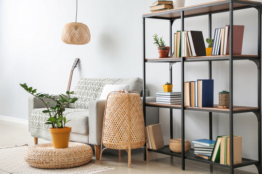 Interior Of Modern Living Room With Shelf Unit And Sofa