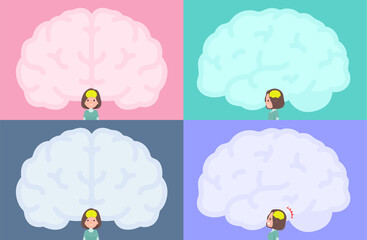 脳の形のフレームとチュニック中年女性のセット