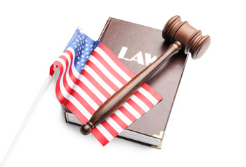 Judge's gavel with law book and USA flag on white background