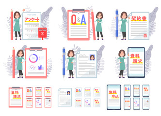 様々な書類とチュニック中年女性のセット