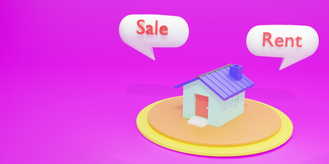 3d rendering. Minimal cute home at podium on pastel background. Concept of choice home between buying and tenancy.