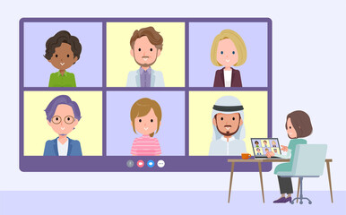 複数人でビデオチャットをしているチュニック中年女性のセット