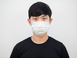 Closeup face of man wearing protect mask at his face against covid-19 concept on white background