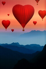 Fototapeta premium Red Heart hot air balloons flying over blue mountains landscape in twilight sky, valentine concept