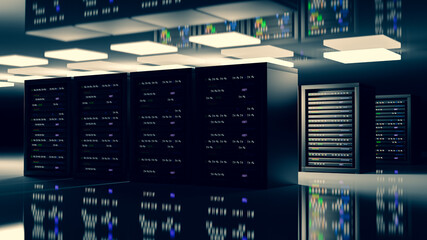 Server room data center. Backup, mining, hosting, mainframe, farm and computer rack with storage information. 3d render