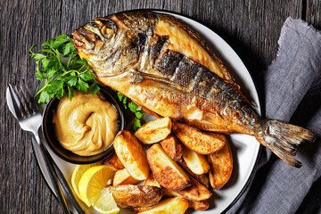 grilled fish with potato on a plate