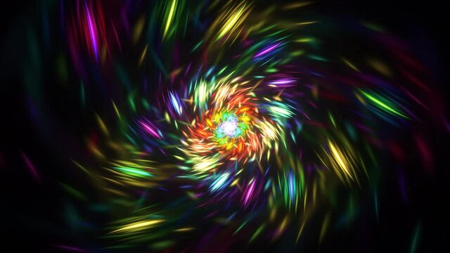 Colorful fractal rays, filaments, spots radiating, deforming and making fireworks, flowers, galaxies, whirlpool, helix on dark. Abstract looping background of particles metamorphoses. 4K UHD 4096x2304