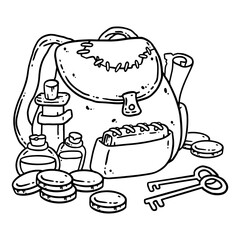 Adventurer pack black outline image. Fantasy character pouch with magical items. Treasure bag comic style doodle. Gold coins, potions