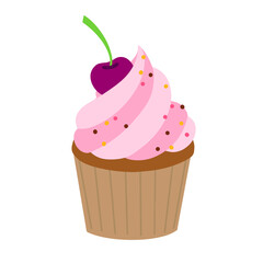 Sweet cupcake with pink cream and cherries.