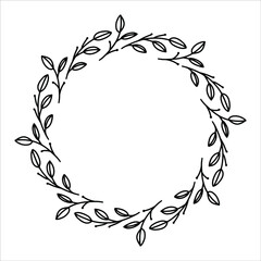 Vector hand drawn spring wreath isolated on white background. Outline circle of leaves. Doodle style. Floral frame.