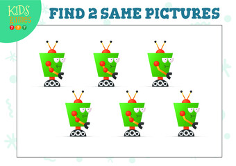 Find two same pictures kids game vector illustration. Activity for preschool children with matching objects and finding 2 identical. Cartoon big eyes robot character