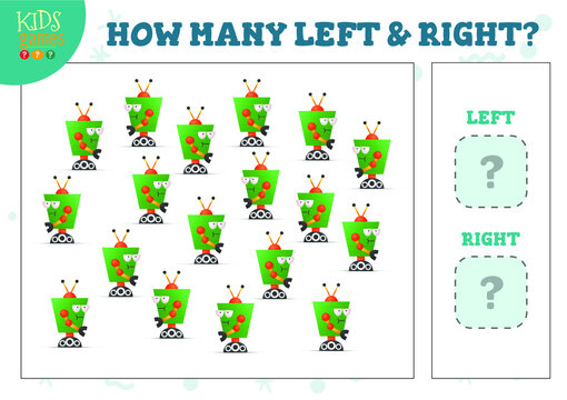 How many left and right cartoon robots kids counting game vector illustration. Development activity for preschool children with counting objects