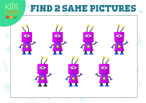 Find two same pictures kids game vector illustration. Educational activity for preschool children with matching objects and finding 2 identical. Cartoon funny one eyed robot