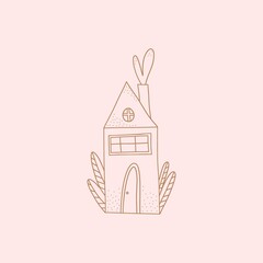 Floral line background. Hand drawn line leaves and flowers in house, modern boho spring summer season in beige pastel colors, poster wall art collection, vector social media posts