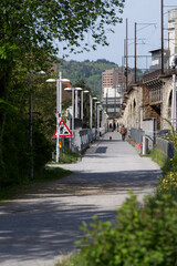 Pathway for pedestrians at City of Zurich. Photo taken May 10th, 2021, Zurich, Switzerland.