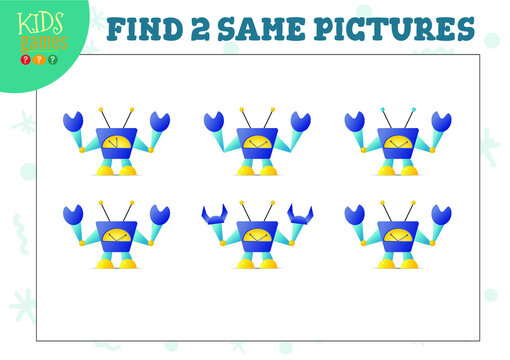 Find two same pictures kids game vector illustration. Educational activity for preschool children with matching objects and finding 2 identical. Cartoon funny humanoid robot