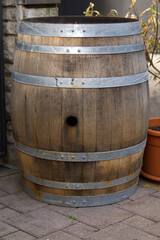 Oak wine barrel as decoration at terrace of restaurant. Photo taken May 10th, 2021, Zurich, Switzerland.