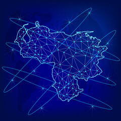Global logistics network concept. Communications network map Venezuela on the world background. Map of Venezuela with nodes in polygonal style. EPS10. 