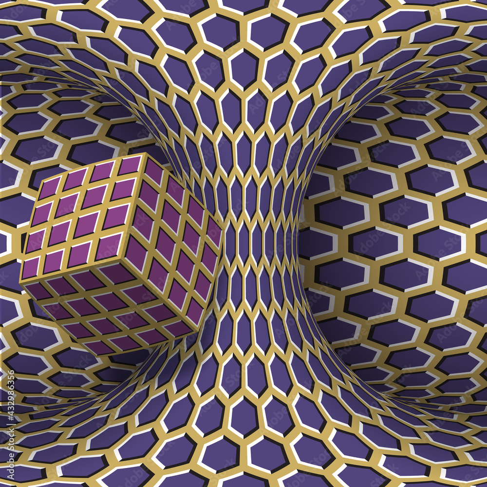 Wall mural moving torus of purple beige hexagonal pattern with rotating square cube. vector hypnotic optical il