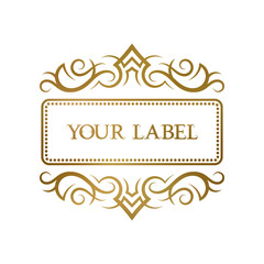 Golden vintage frame with curly ornaments for any short text. Elegant label template, nameplate or book cover design.