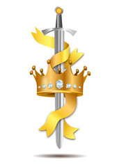 Golden royal crown and sword with ribbon 