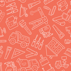 Construction - Vector background (seamless pattern) of building, crane, truck, bulldozer, saw, wrench, shovel and other tool for graphic design