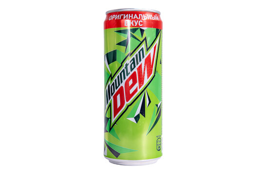 Tyumen, Russia-april 26, 2021: Mountain Dew carbonated drink isolated on a white background