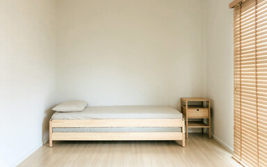 Minimal bed room hostel Muji style, white and bright mood and tone, Clean and clear Room decorate...