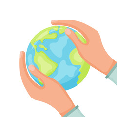 Vector cartoon style illustration of World Environment Day greeting card template or poster design. Planet Earth lies in the hand.