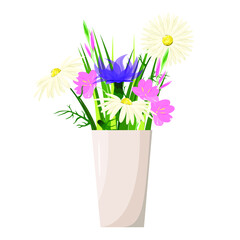 A bouquet of wildflowers with grass in a vase on a white background. Daisies, cornflowers.