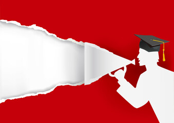 
Paper student, graduate with megaphone.
Red paper background with Paper silhouette of graduate holding a megaphone.Place for your text or image. Vector available.