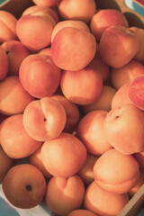 Close up shot of beautiful fruits on display in vendor's stall in fruit market in italy. Beautiful plump, bright orange and plump apricots