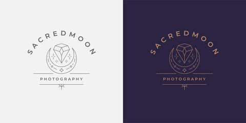 Magic moon crescent with diamond logo emblem design template vector illustration in minimal line art style © provectors