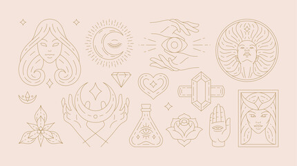 Magic woman boho vector illustrations of graceful feminine women and esoteric symbols set. © provectors